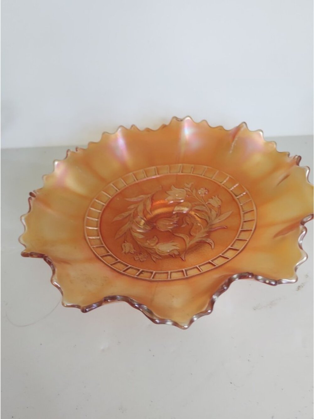 Antique Dugan Glass Company marigold carnival glass ruffled bowl Windflower 9"